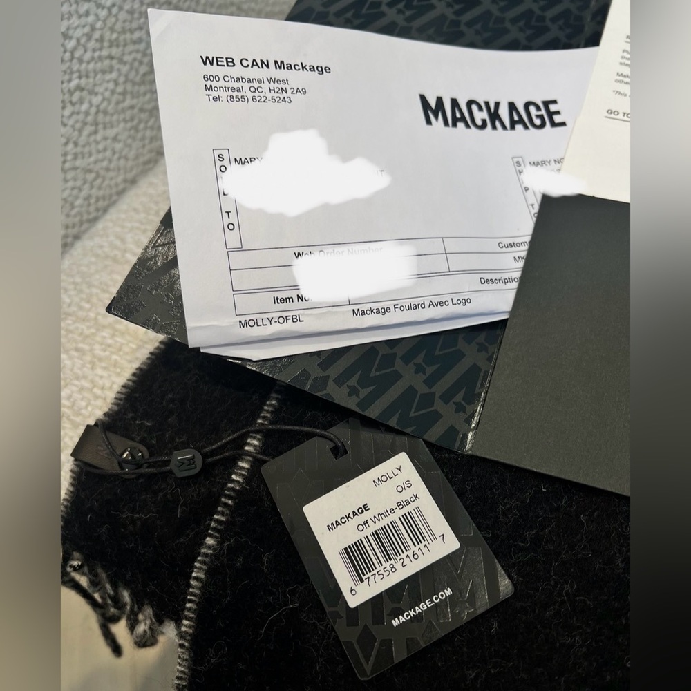 Mackage Black and Cream Logo Fringe Wool Scarf - Picture 4 of 4